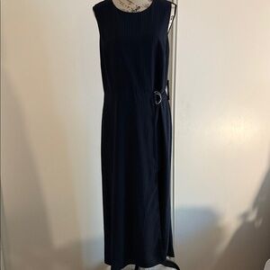 Navy blue and grey pin stripe sleeveless dress